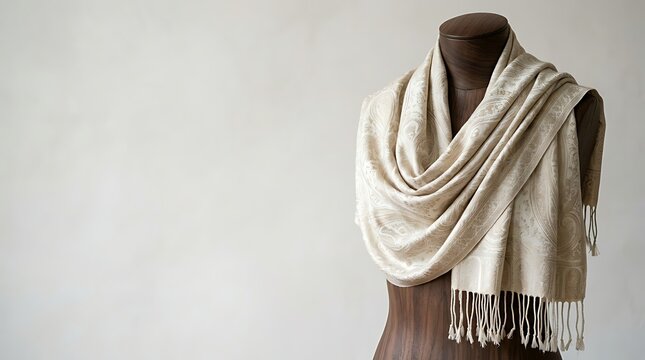 Elegant Beige Pashmina Scarf on Wooden Mannequin Display