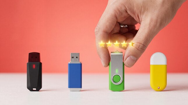Hand choosing a usb drive with five star rating