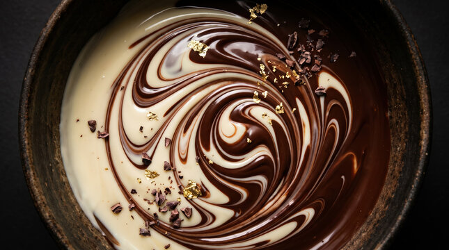 A luxurious overhead shot of dark and white chocolate melting and swirling together in a dark bowl, creating elegant marble-like patterns.