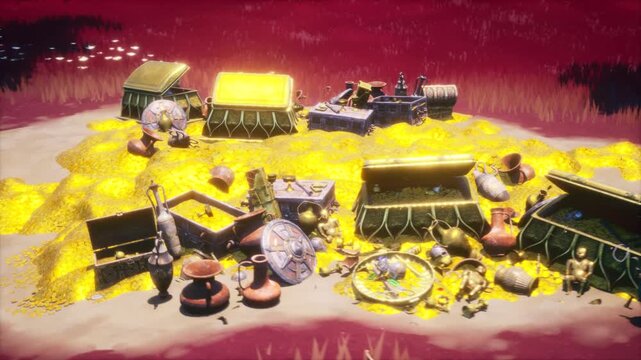 360 Rotating View of Gold Treasure Chest Pile in Red Foliage World Game Asset