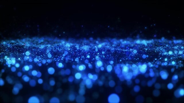 Abstract glowing particles flowing in a dark digital space with copy space for text overlay