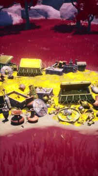 360 Rotating View of Gold Treasure Chest Pile in Red Foliage World Game Asset