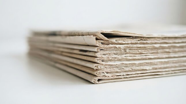 Stack of folded newspapers ready for delivery. Pile of printed press publications on white background.