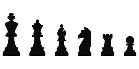 Black silhouette chess pieces lined up on a white background Keywords: chess, game, strategy, board game, king, queen, bishop © Md