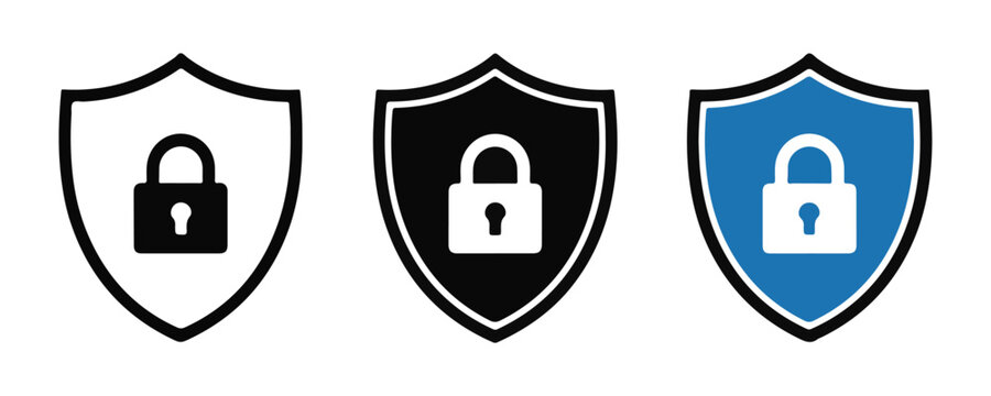 Padlock inside shield icon set in black and blue colors for website security and privacy protection.