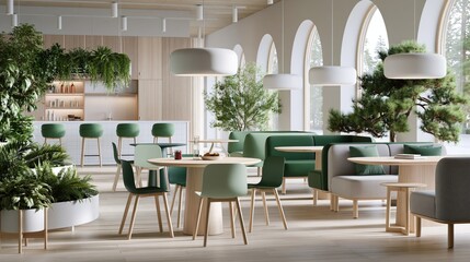 Fototapeta premium Modern biophilic cafe interior with abundant greenery and natural light creating a serene and inviting atmosphere for relaxation and work