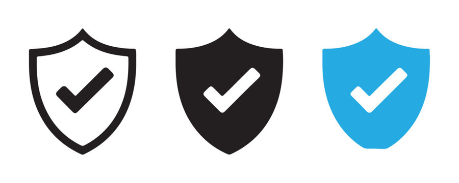 Set of three shields with check mark icons in black outline black solid and blue solid colors.