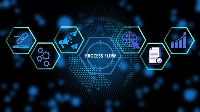 Dynamic digital process flow infographic featuring animated hexagonal representing global business strategy, workflow automation, data management, marketing analytics, and corporate growth
