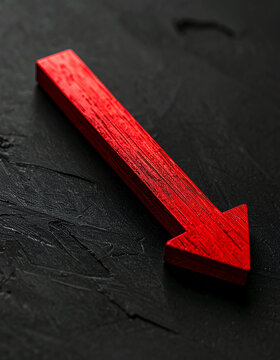 Single red wooden arrow pointing sharply downward on black surface, metaphor for stock market decline, falling business performance and economic downturn, minimalist corporate concept. Close-up.
