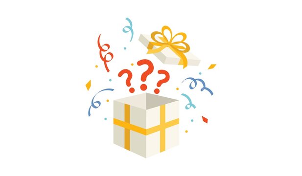 Opened gift box with question marks and confetti on white background, question