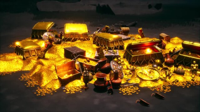 Camera Orbiting Glowing Golden Treasure Hoard in Dark Rocky Cave