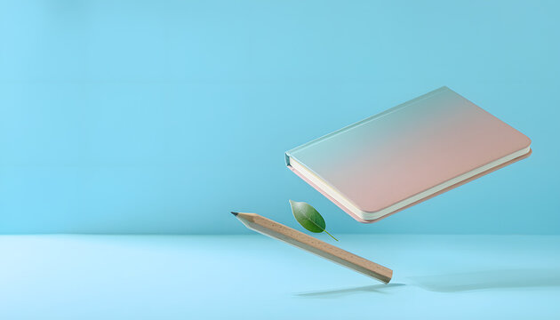 Title: Back to School Concept with Floating Pastel Notebook and Pencil on Blue Background


