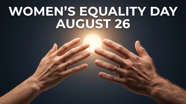 Two hands reaching toward equal opportunity with Women's Equality Day August 26 text