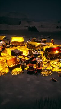 360 Rotating View of Gold Treasure Chests and Coins in Dungeon Cavern