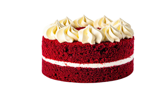 Classic red velvet cake with smooth cream cheese frosting, elegant decorative swirls, moist texture, realistic crumbs, isolated on transparent background, PNG
