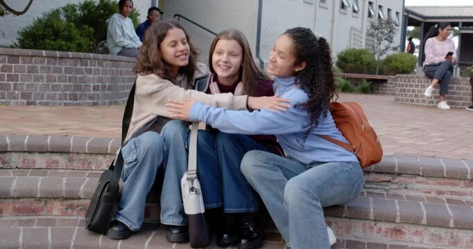 Diverse teenage girls huddling hugging clapping fixing bags on brick steps at school about to leave