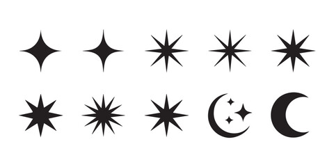 Black star shapes and crescent moon icons set for magic celestial compositions and mystical branding. © Bd Artist