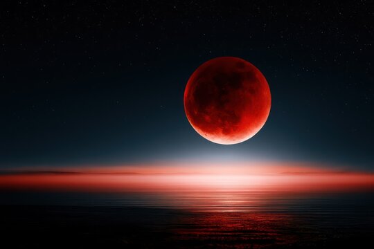 Blood moon lunar eclipse over quiet landscape