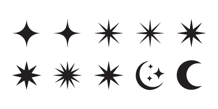 Black star shapes and crescent moon icons set for magic celestial compositions and mystical branding.