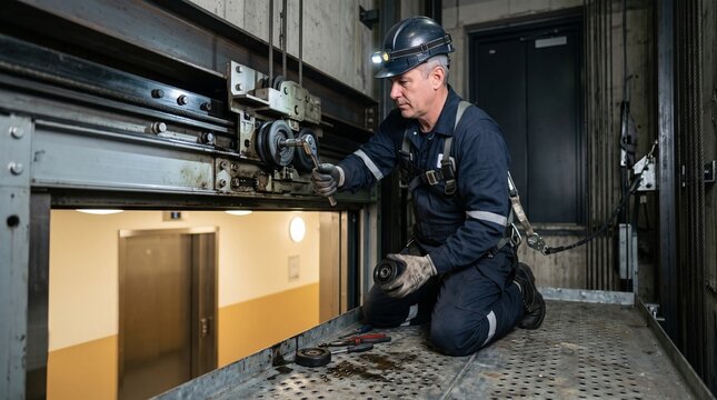 Technician works on elevator system in a building during daylight hours