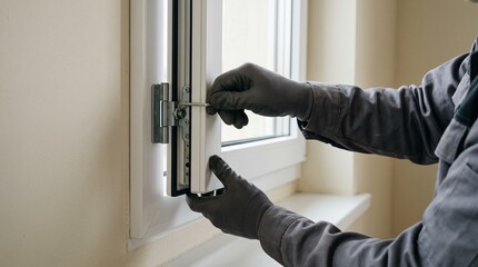 Naklejka premium Worker installs a window in a room during a home renovation project in the afternoon