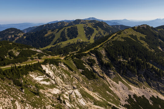 Summer panoramic view of Hochkar ski resort slopes and green mountain ridges in the Austrian Alps, Austria