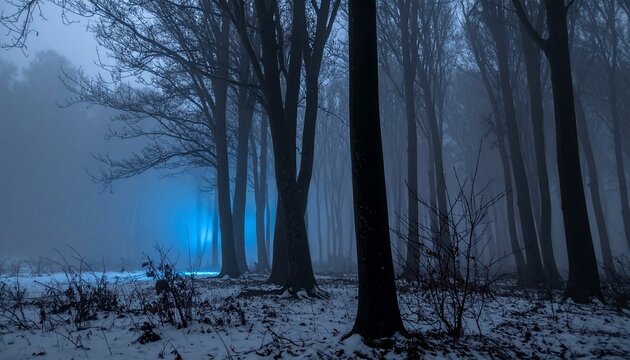 Misty Forest with Blue Glows and Frosted Ground