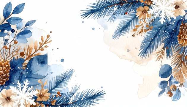 Winter Watercolor Foliage with Snowflakes Design