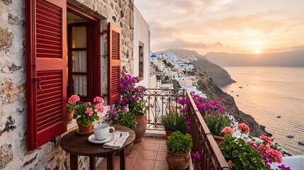 Obraz premium Terrace balcony with coffee cup and flowering pots on small table overlooking coastal village and sea at golden sunset, warm mediterranean balcony view and peaceful retreat