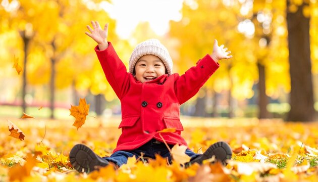 Child Playing in Autumn Leaves Outdoors