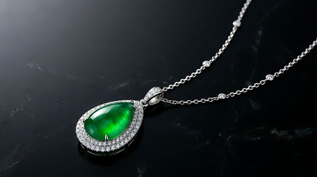 Exquisite Teardrop Green Jadeite Pendant with Diamond Halo on Black Marble Background