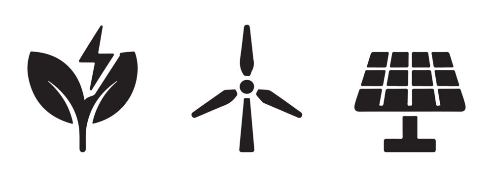Set of simple vector icons showing green leaves with lightning wind mill and solar panel array sign.