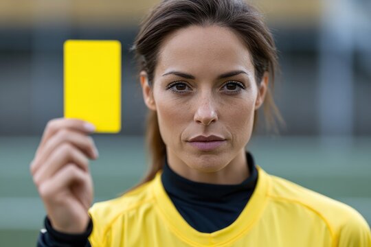 Female soccer referee holding up yellow card