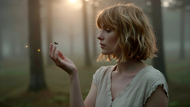 Young woman holding a glowing firefly in a misty forest at dusk