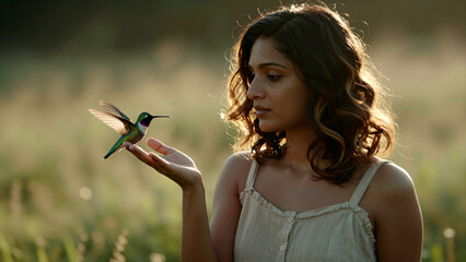 Fototapeta premium Woman gently interacting with a hummingbird on her hand at golden hour