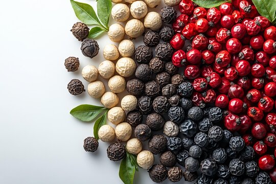 Assortment of colorful peppercorns black, red, white on white background with green leaves creating vibrant culinary spice composition