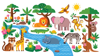 Wild jungle animals and safari wildlife collection with river trees and sun in flat style.