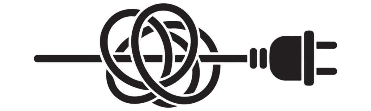 Tangled power cord knot illustration showing complex electrical wiring concept for energy loss themes.