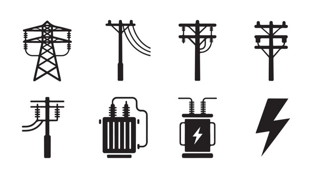 Set of high voltage power lines electricity poles and industrial power transformers vector graphics.