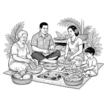 Pacific islander family preparing traditional meal vector for cultural food blogs