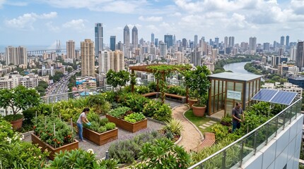 Fototapeta premium Urban rooftop garden with vegetable planters and city skyline view