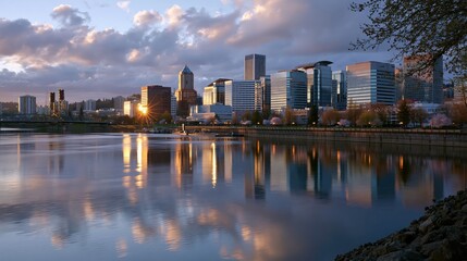 Naklejka premium Cityscape reflection during golden hour with dramatic clouds over a calm river