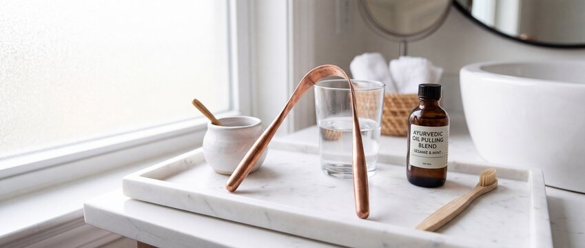 Ayurvedic oral hygiene items on marble tray in bright bathroom, including copper tongue cleaner and oil pulling blend