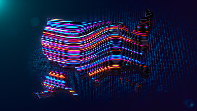 Abstract 3D extruded map of the United States featuring colorful neon wave lines, glowing particles, digital grid, cinematic depth of field, and futuristic technology background.