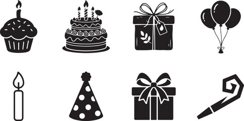 Fototapeta premium Black and white celebration icons set with cake gift balloon and party items