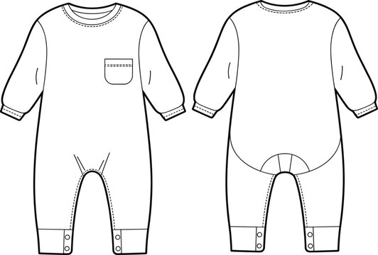 Front and back view of a white baby romper with a pocket and snap closures Keywords: baby, romper, sleepsuit, onesie, clothing