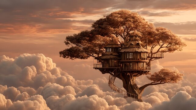 Dreamy treehouse perched on clouds during serene sunset glow