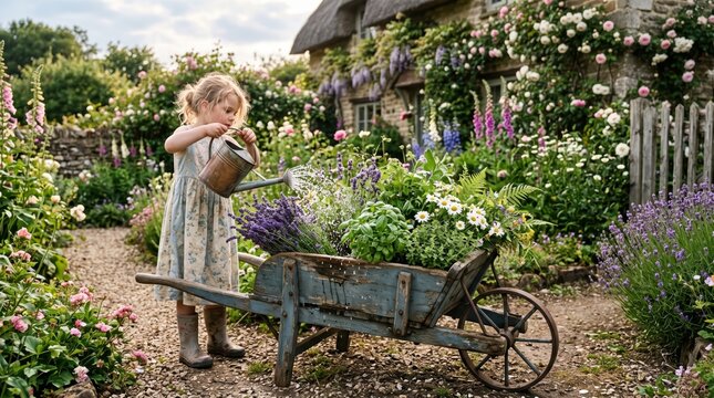 Little girl watering herb and flower planter in charming cottage garden wearing boots and floral dress beside stone path and picket fence in late afternoon light
