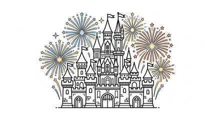 Fototapeta premium Fairytale castle illustration with fireworks display.
