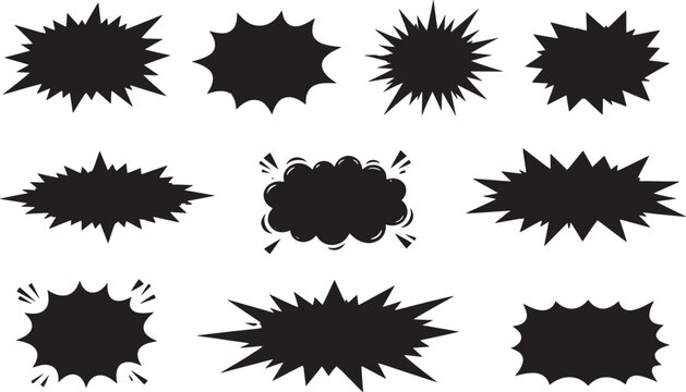 Comic speech bubble and explosion burst frame vector set with starburst labels, pop art caption boxes, comic dialog shapes, and blank promotional badge collection